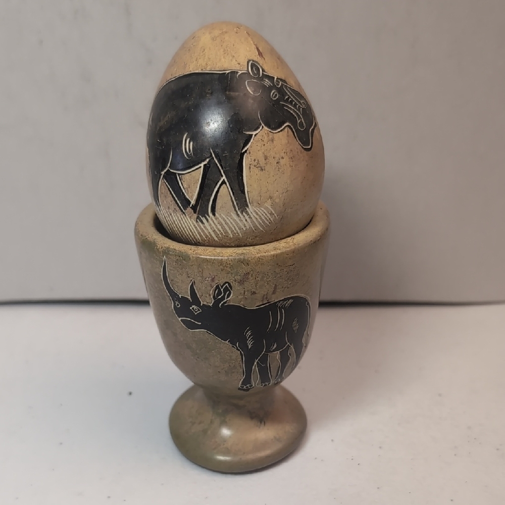 Handcrafted African Stone Egg & Cup Rhino & Hippo Artwork Decorative Home Decor